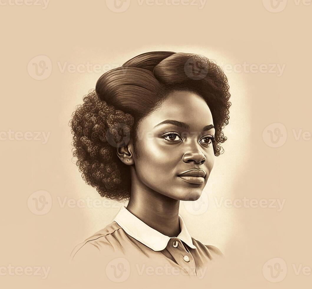 negro historia mes, ilustración ai generado. retrato de un africano joven mujer, ilustración, sepia. negro En Vivo importar concepto. foto