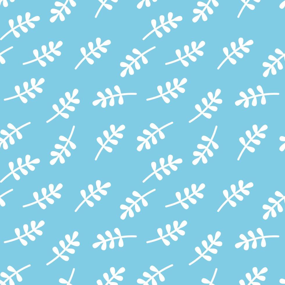 Vector seamless blue pattern with white leaves. Cute background.