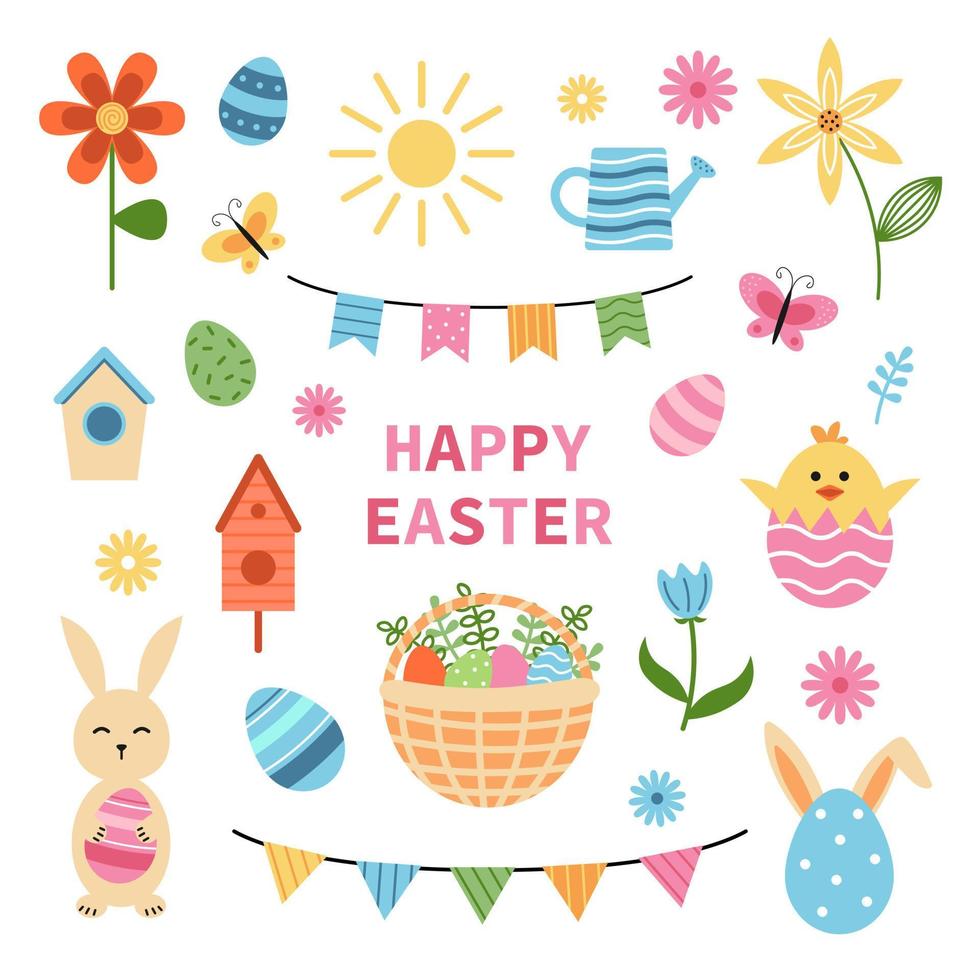 Doodle cute easter set. Vector eggs, flowers, butterflies and basket of eggs. Cute rabbit and chick.