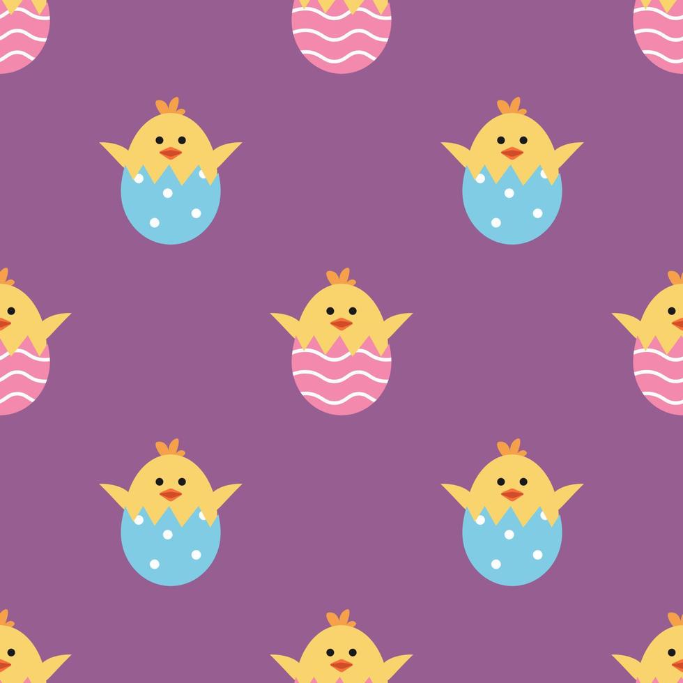 Vector seamless pallern with cute chick in egg. Cracked egg with ornament. Colorful.