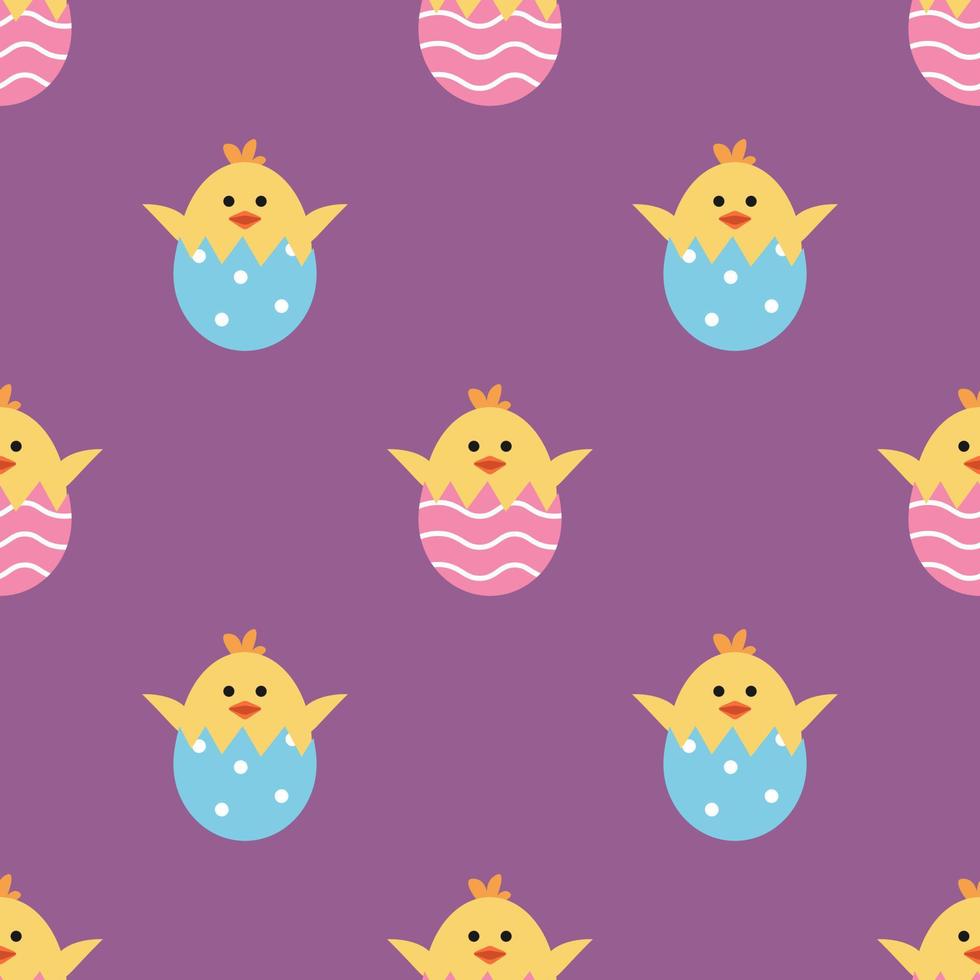 Vector seamless pallern with cute chick in egg. Cracked egg with ornament. Colorful.