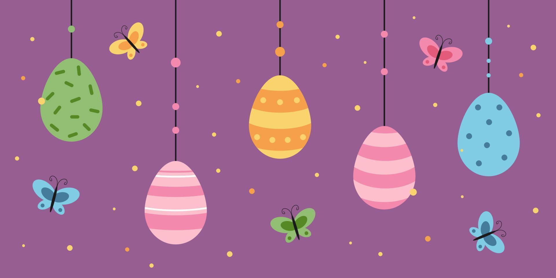 Vector easter banner. Easter hanging eggs with butterflies. Colorful.