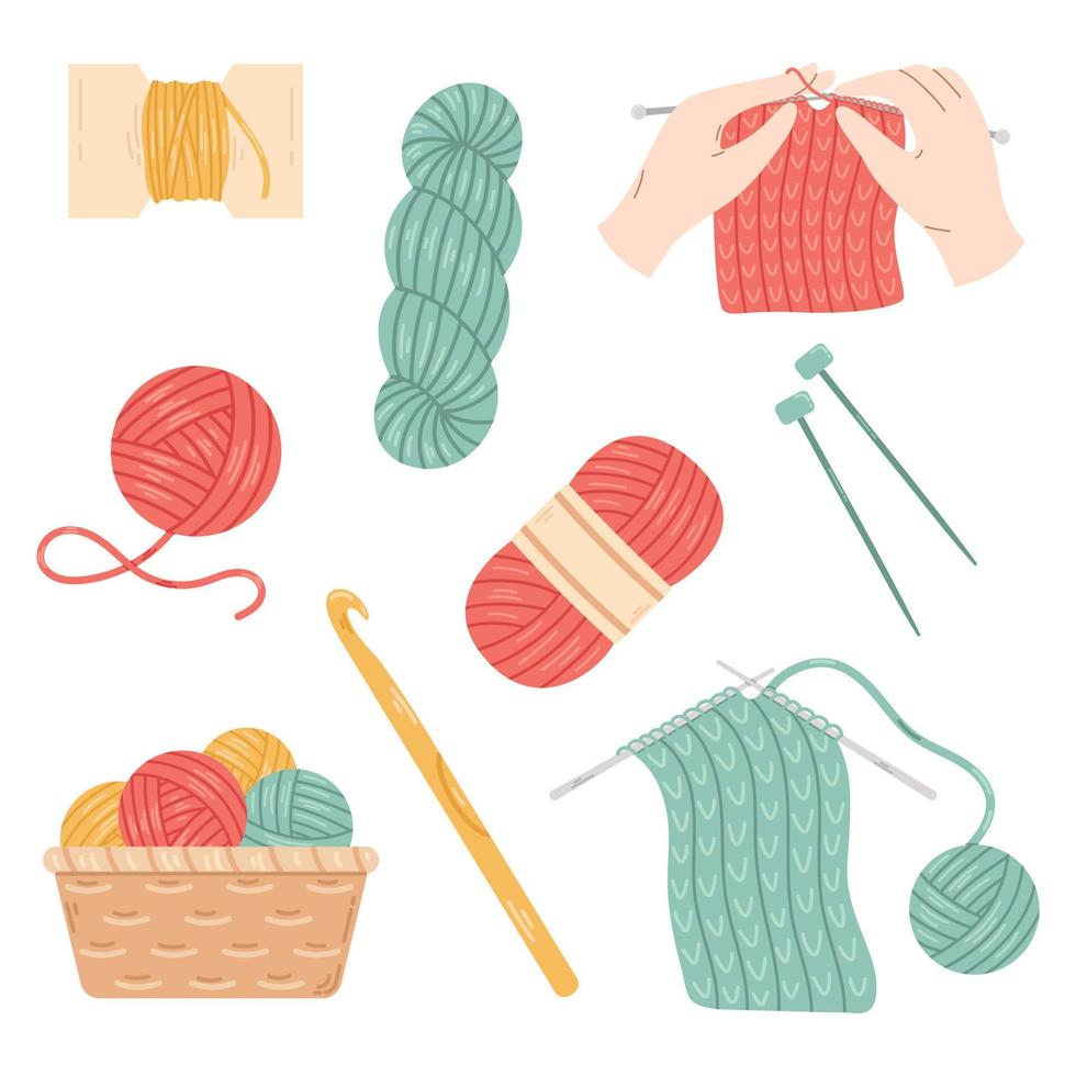Vector set with wool yarn balls and skeins. Knitting needles and crochet hook. Wicker basket with wool yarn balls. Cozy crafting hobby. Knitting collection in flat design.