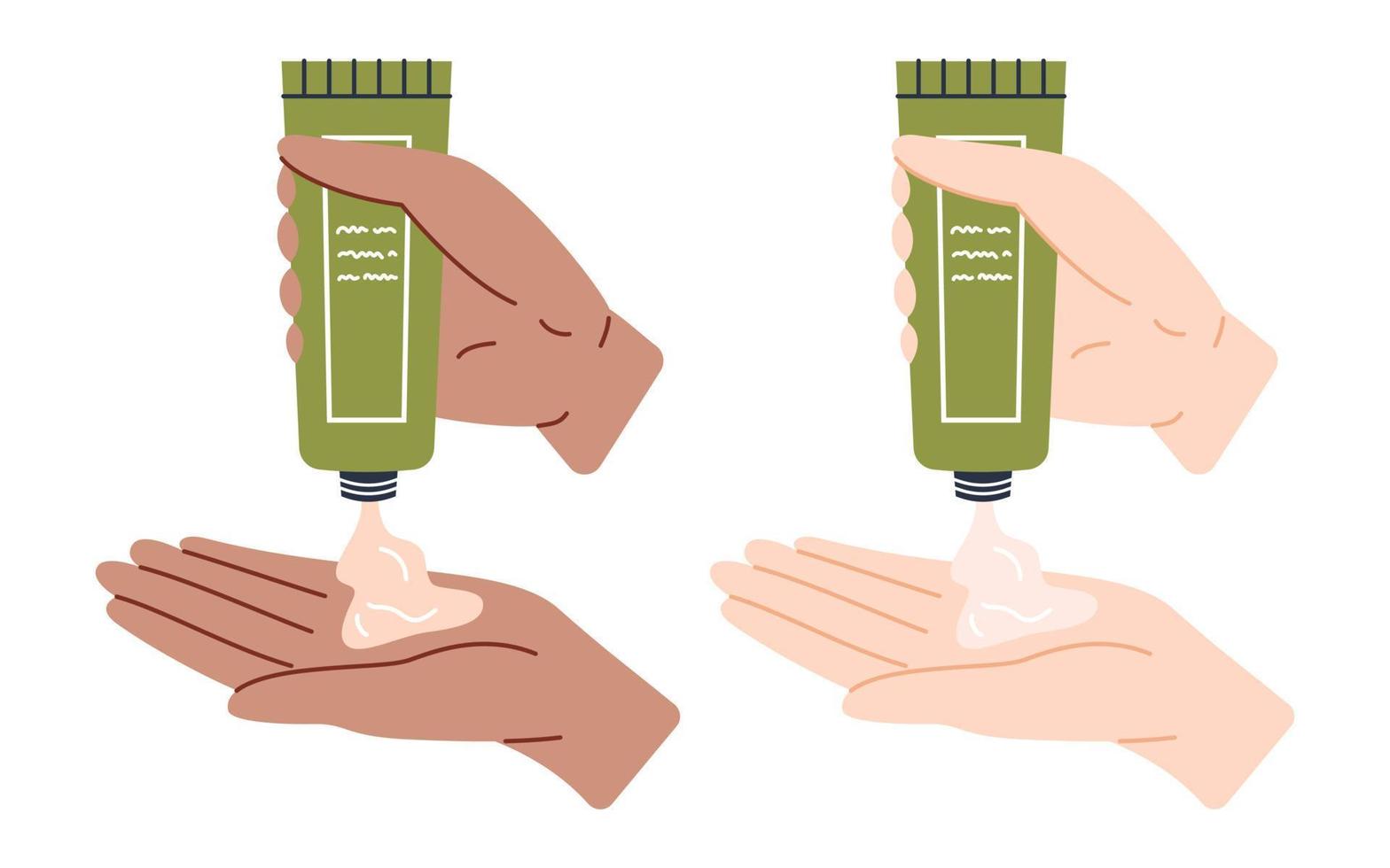 Two women's hands squeezing cream from a green tube onto a palm. Vector skincare illustration. Black and white girls using hand cream. Daily cosmetic. Dark and light skin women using cosmetic cream.