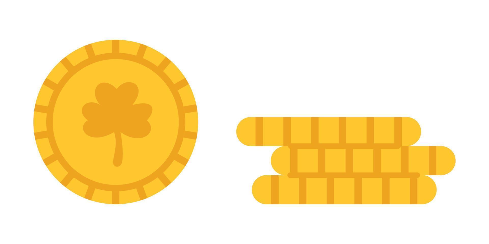 Vector set with gold coin with clover leaf and stack of coins. Collection for celebrating St Patricks day. Money and wealth. St Patricks day yellow three leaf clover coins in flat design.