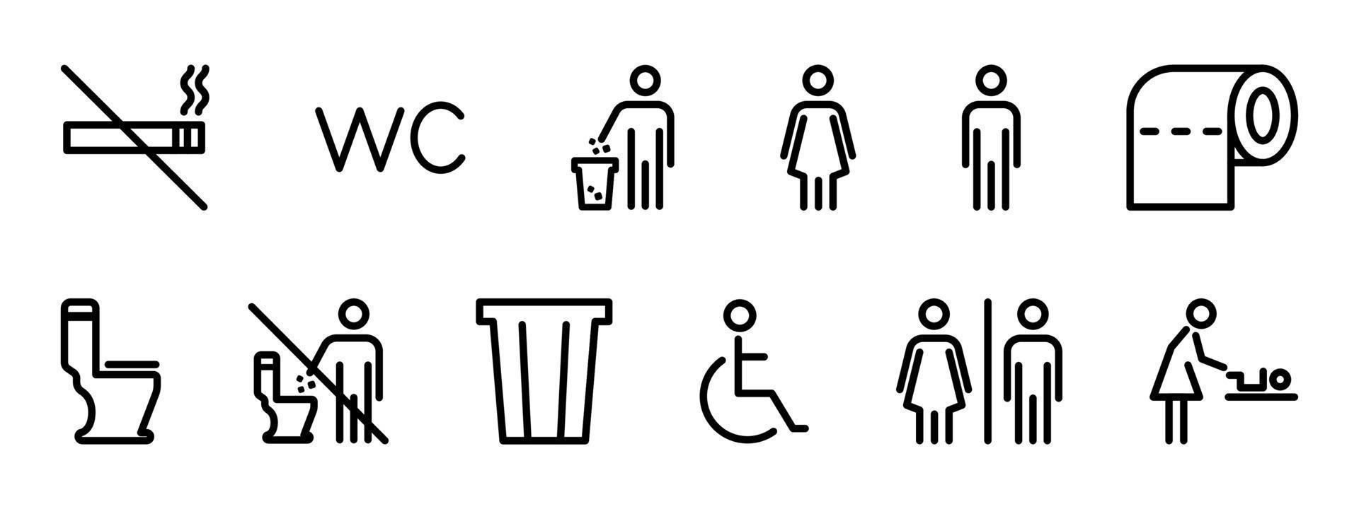 Vector toilet icon set. Editable stroke. Line WC icons. Bathroom for men, women, mothers with baby and handicap. Collection of restroom signs. Toilet for male, female, people with child and disabled.