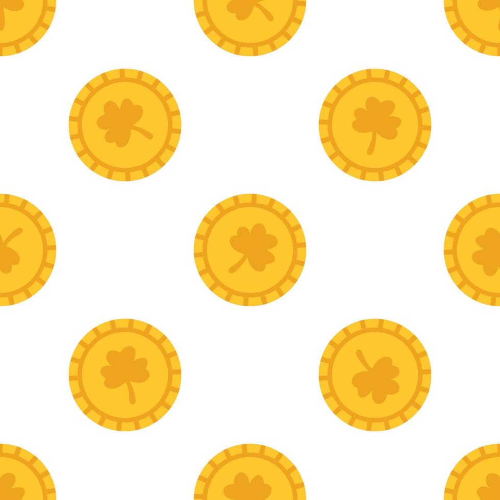 Vector St Patricks day seamless pattern. Pattern with gold coins with clover leaf on white background. Print for celebrating St Patricks day. Money and wealth.