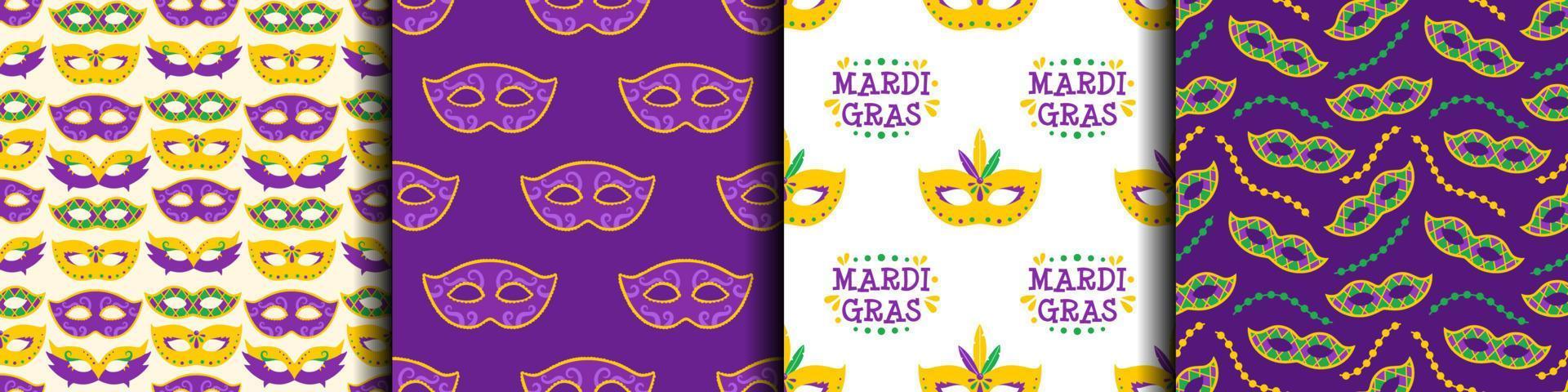 Vector Mardi Gras set of seamless patterns. Backgrounds with carnival masks and beads. Design for fat tuesday holiday, carnival and festival. Colorful patterns.