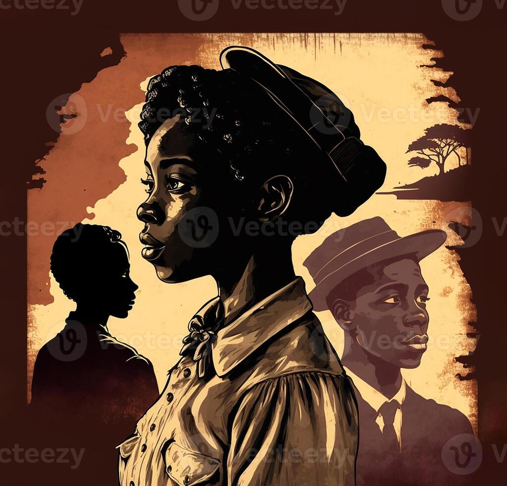 Black history month, illustration . African boy portrait, vintage, illustration, sepia photo