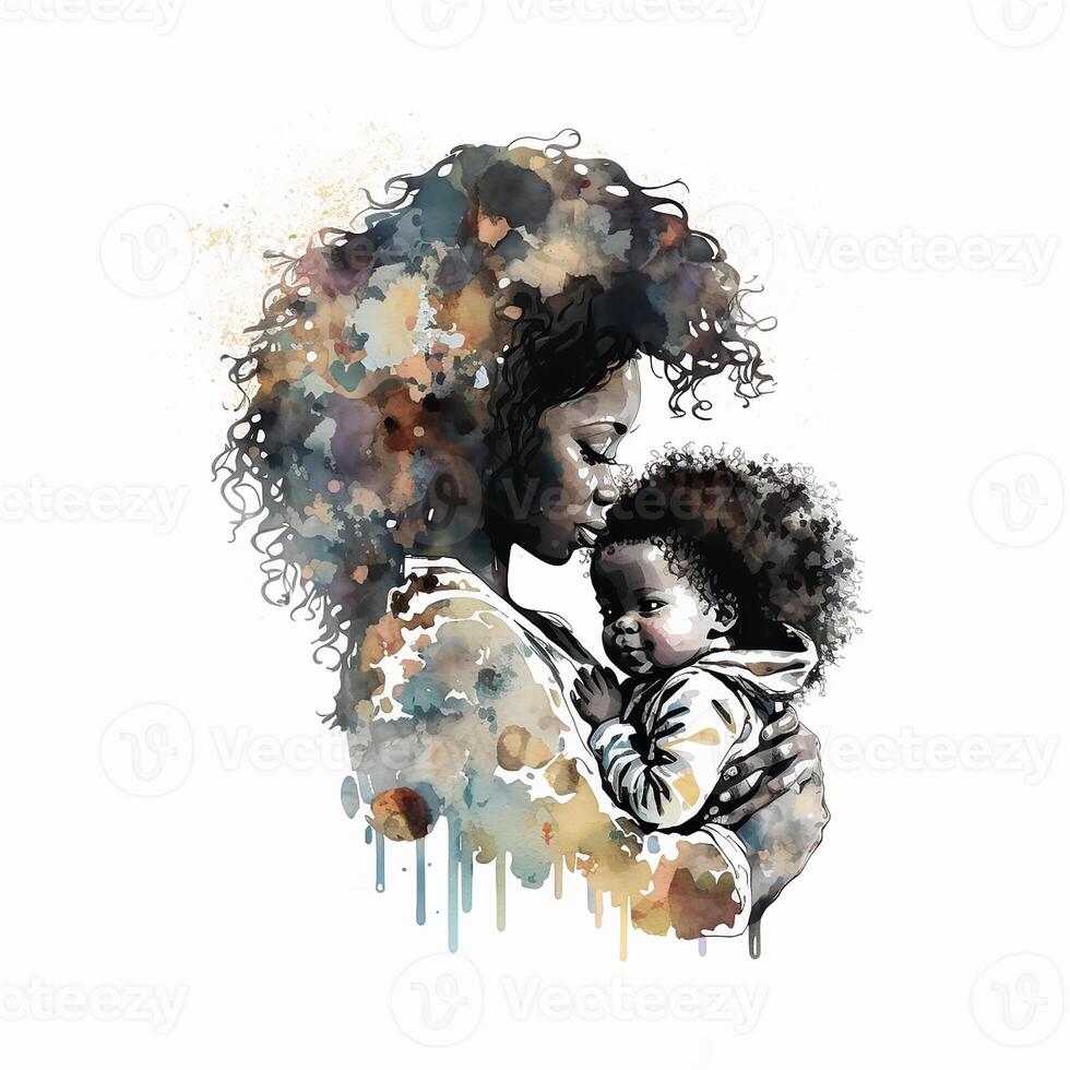 negro historia mes, ilustración ai generado. retrato de un africano mujer con un niño en su brazos, ilustración en color acuarela. foto