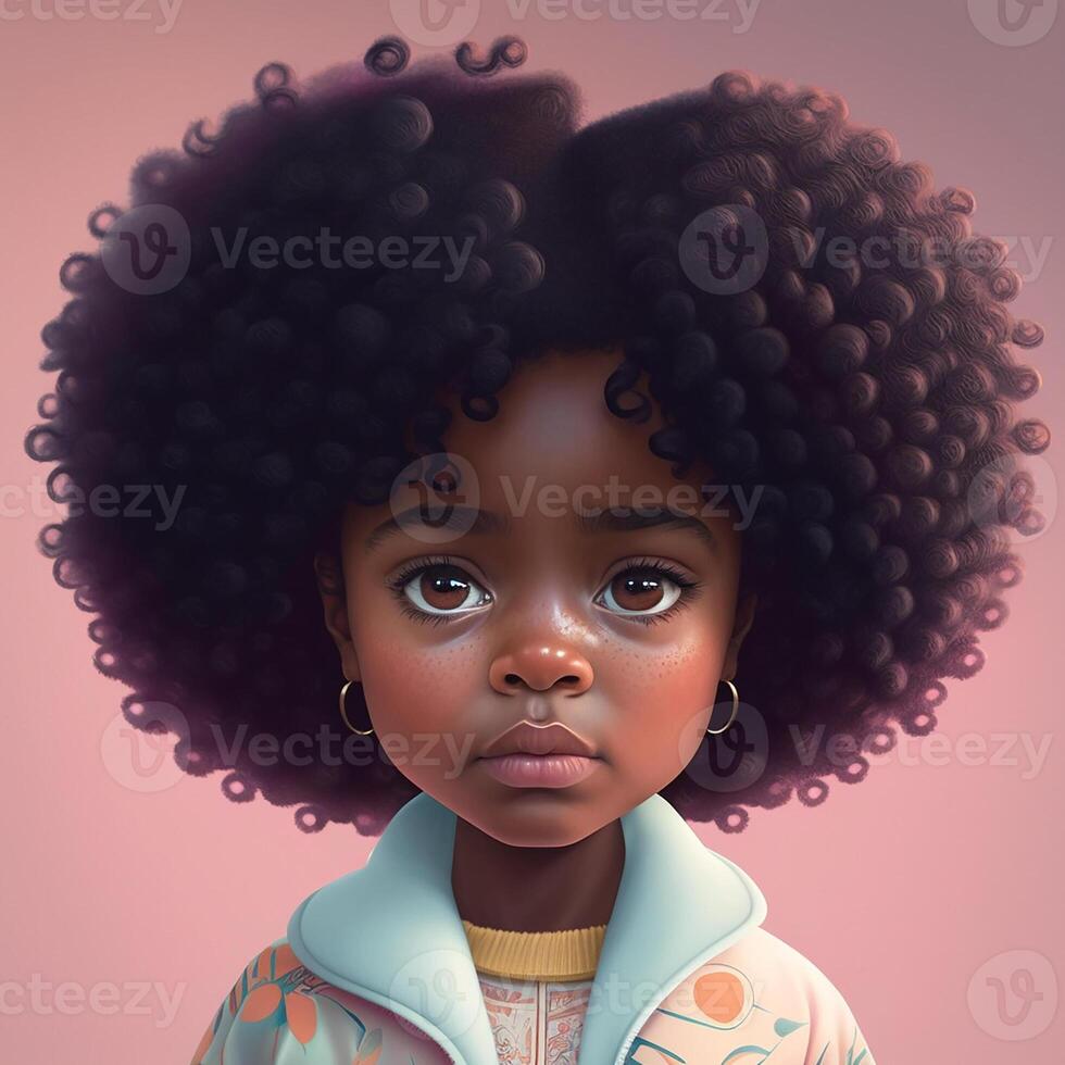 Black history month, illustration . Portrait of an African American girl, looking at the camera, color illustration. photo