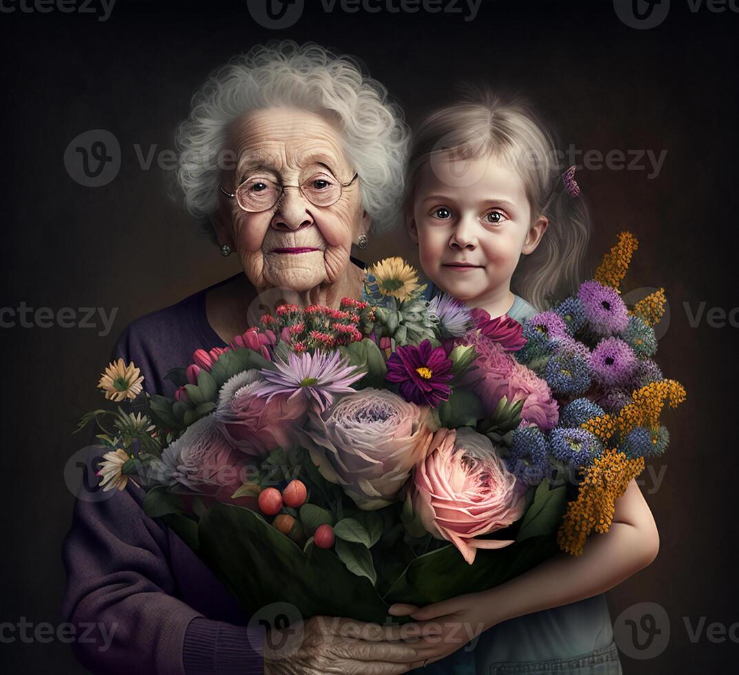 Mother's Day and Women's day greeting card concept. A bouquet of fresh tulips in grandmother and granddaughter hands. Gentle hugs mothers and daughters. Illustration photo