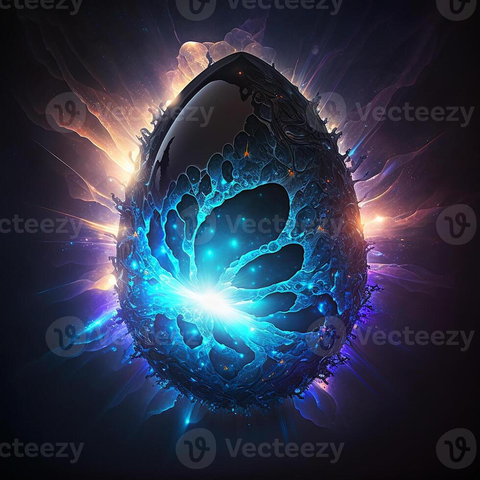 Easter galaxy futuristic egg, black and blue futuristic colors. The egg is a symbol of the birth of life. . photo