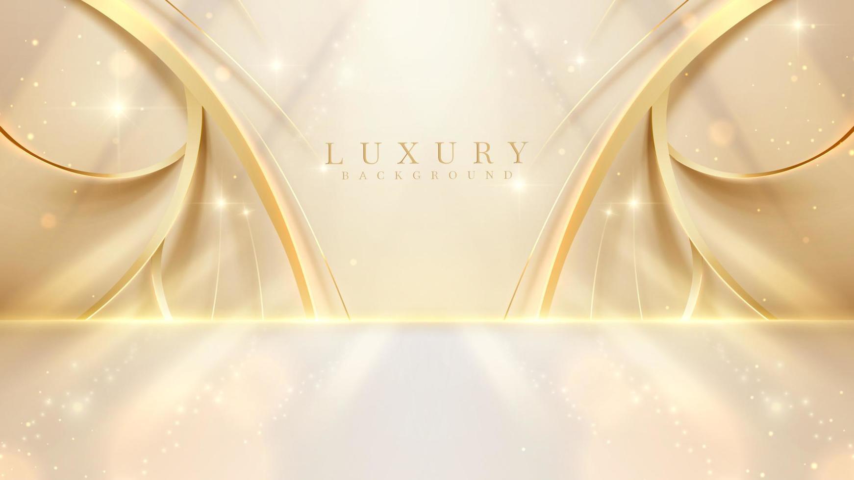 Luxury cream color background with golden curve line elements and gold light effects decoration and bokeh, Vector illustration scene design.