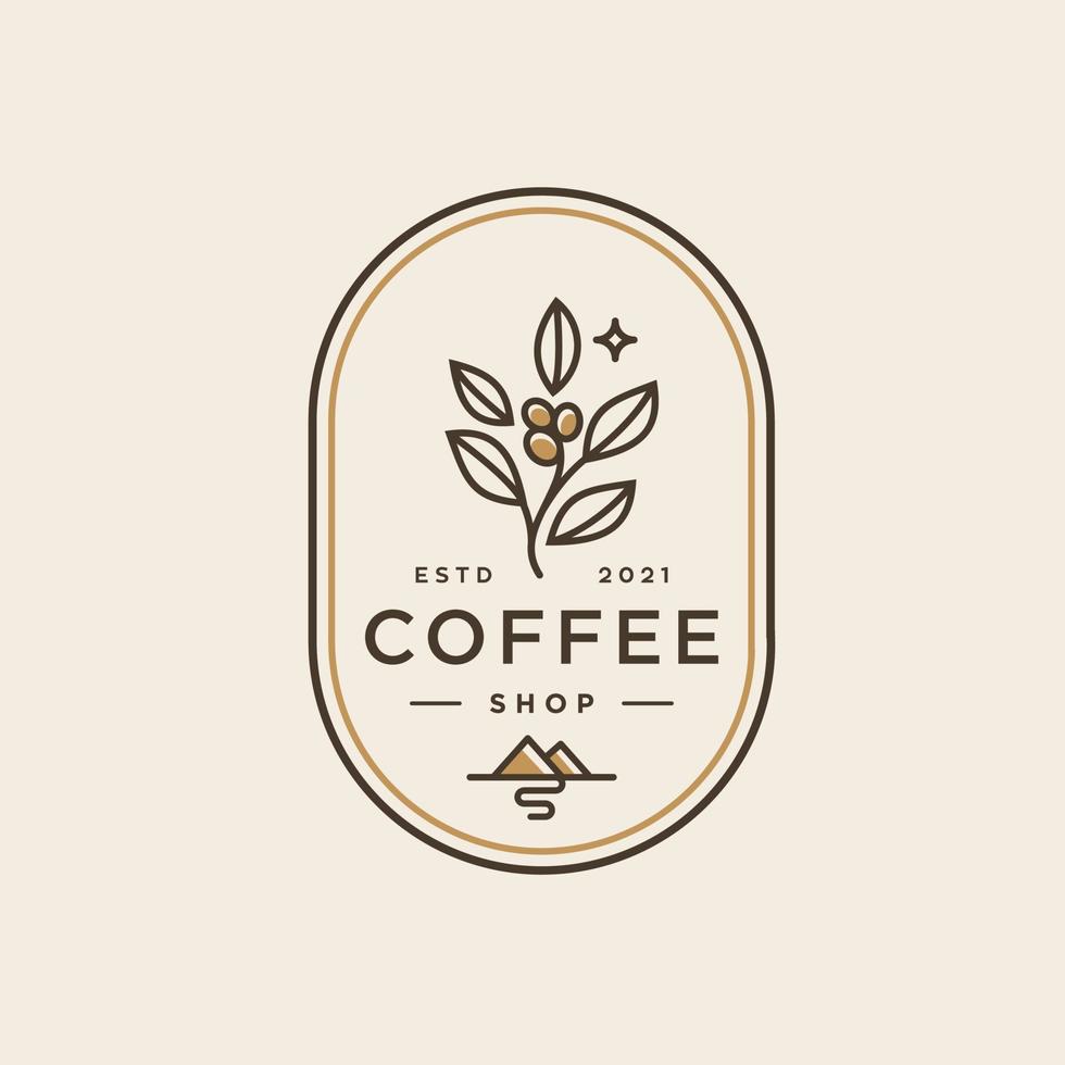 logotipo de la cafetería. insignia retro grano de café y rama de hoja con icono natural de montaña línea sello logotipo vector diseño en estilo moderno hipster vintage, icono de símbolo de marca de barra de cafetería premium