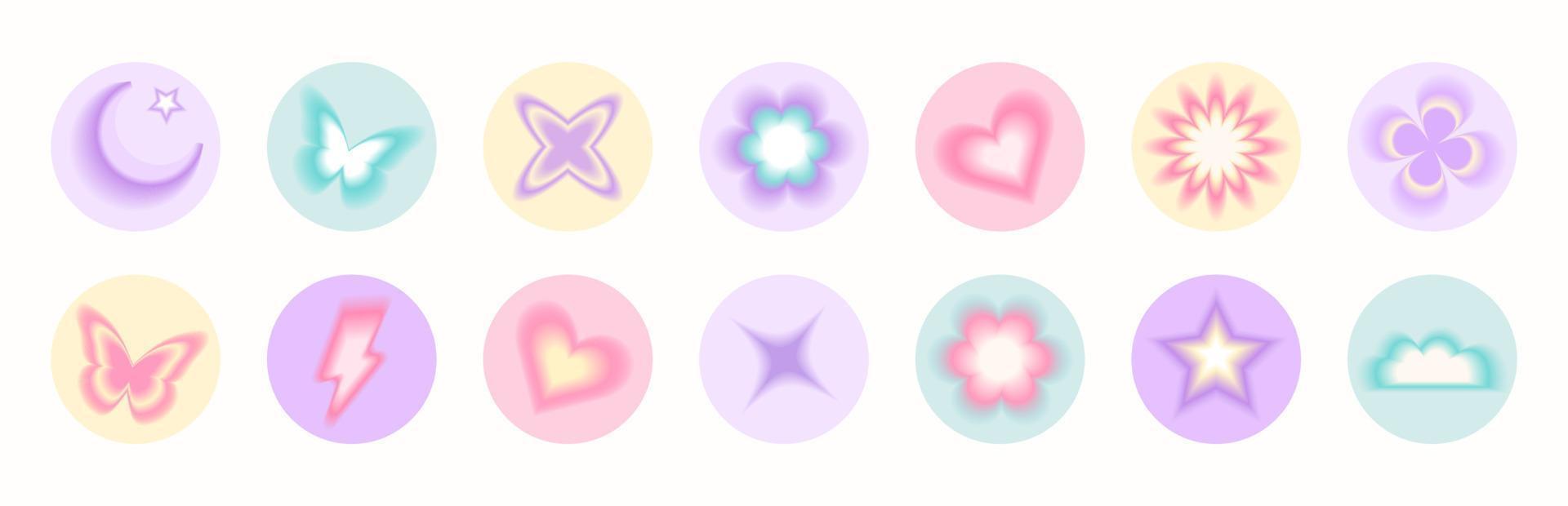 Set of blurred unfocused gradient stickers in pastel colors. Abstract y2k geometric shapes in trendy retro style. Heart, flower, daisy, butterfly, star, moon vector