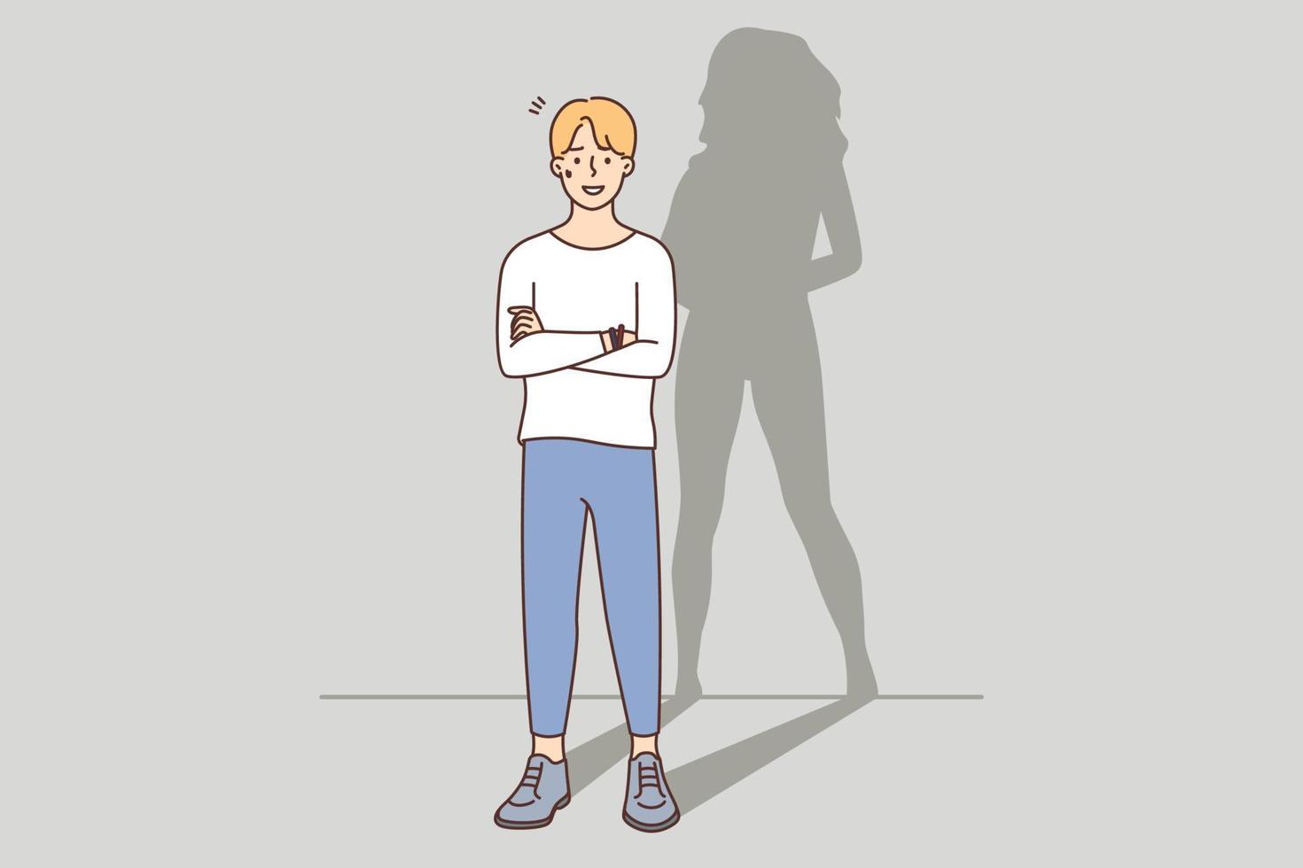 Young man with woman shadow. Transgender guy think of changing gender. Vector illustration. Concept of personal identity and expression.