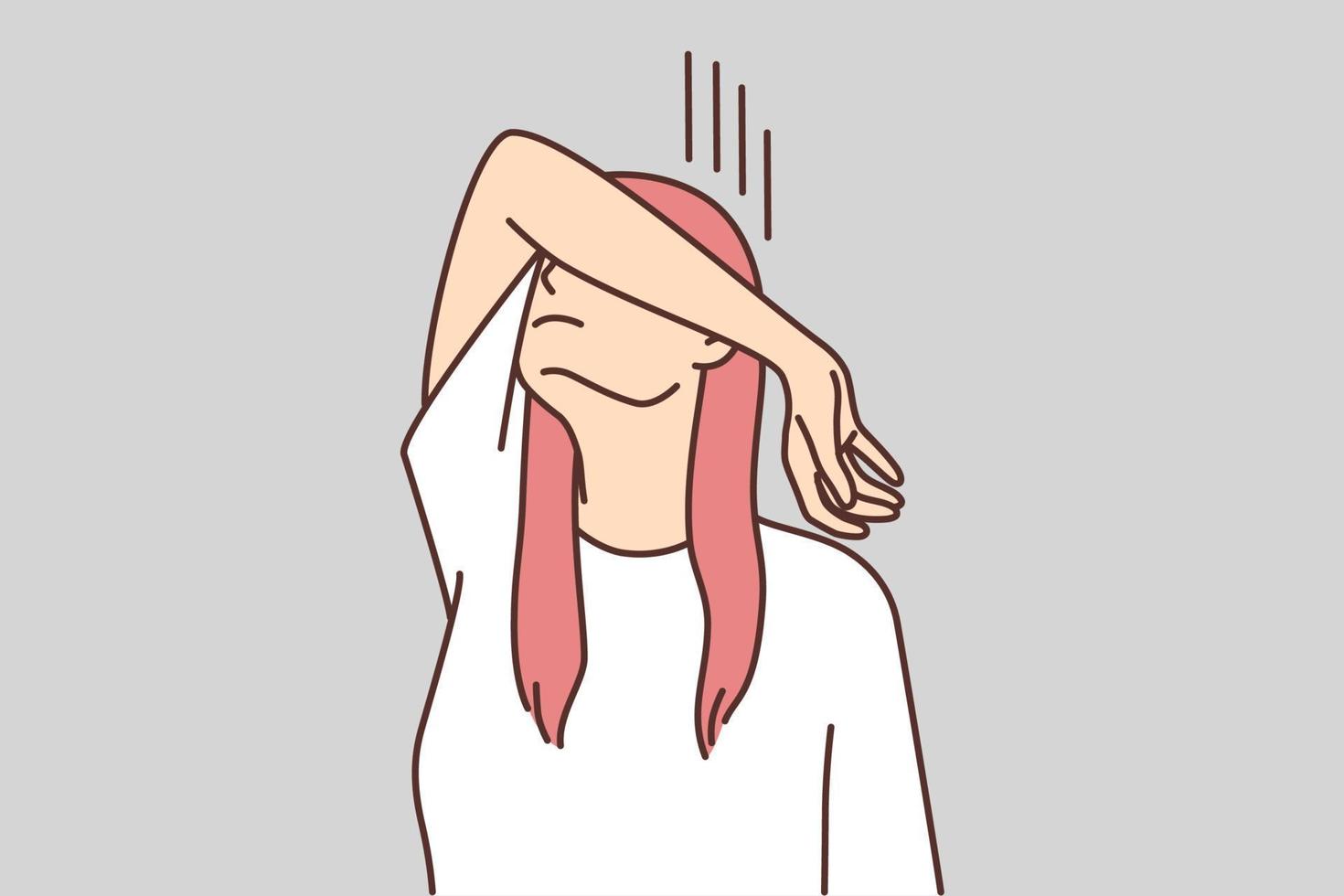 Unhappy young woman feel depressed hide face in hand. Upset girl suffer from anxiety or psychological problems hiding from people. Vector illustration.