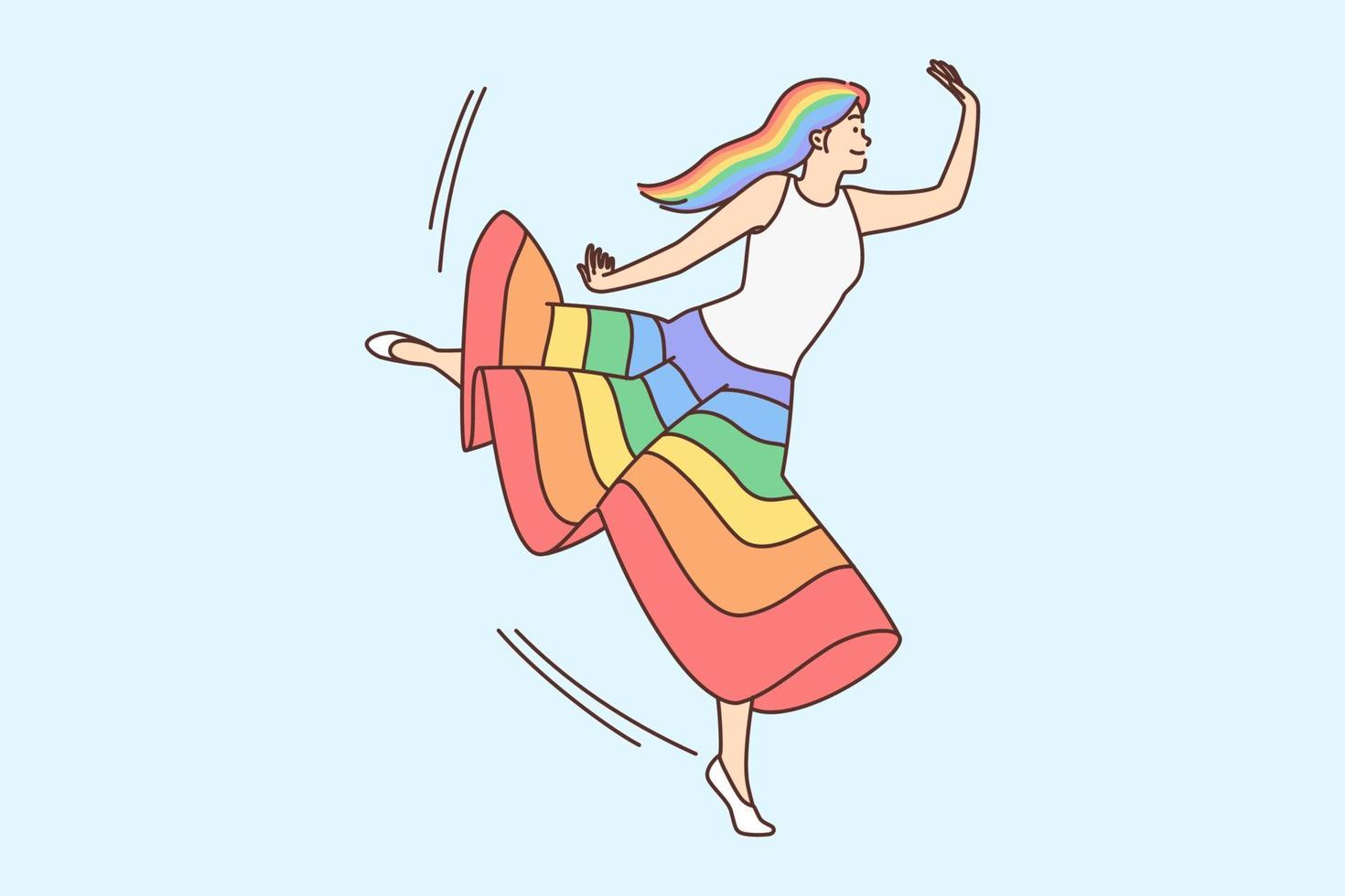 Smiling woman dancing in colorful skirt feeling optimistic and joyful. Happy girl with rainbow hair show concept of diversity and art. Vector illustration.