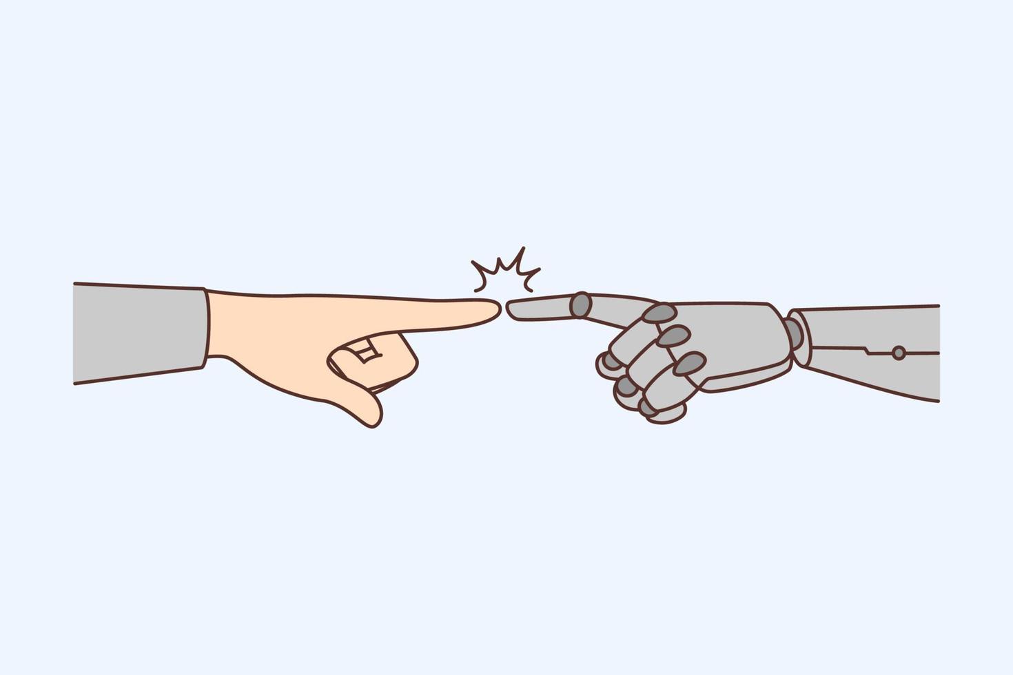 Closeup of human and robot touch join fingers. Concept of robotic machine and man interaction. Artificial intelligence and people. Modern technology. Vector illustration.