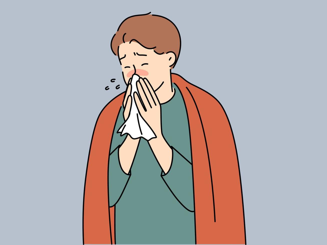 Sick young man in blanket blow runny nose suffer from cold or rhinitis. Unhealthy male struggle with flu or grippe. Healthcare and sick leave. Vector illustration.