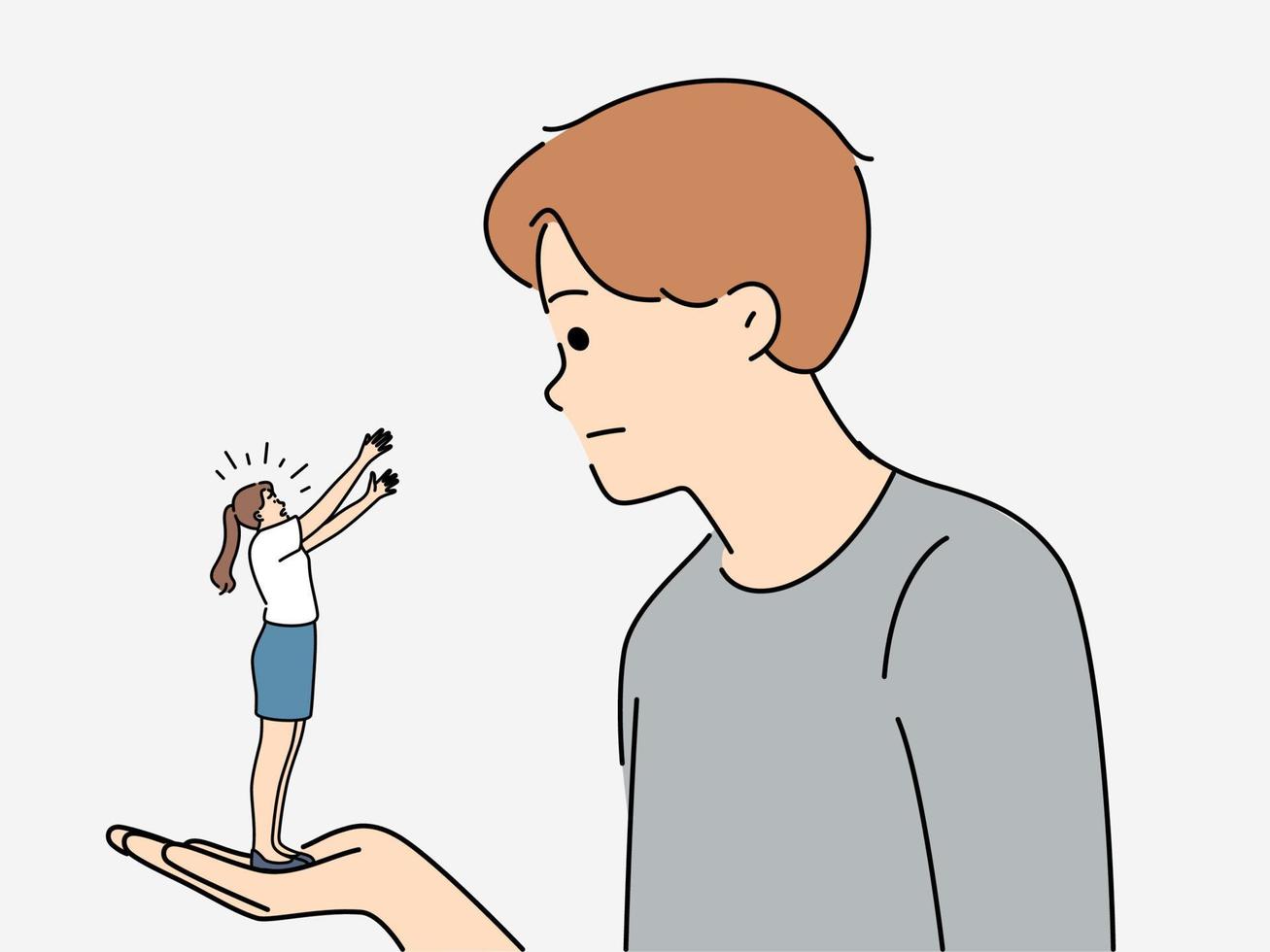 Young man holding on palm tiny woman figure asking for hug or comfort. Desperate girl beg for love and affection. Relationship concept. Vector illustration.