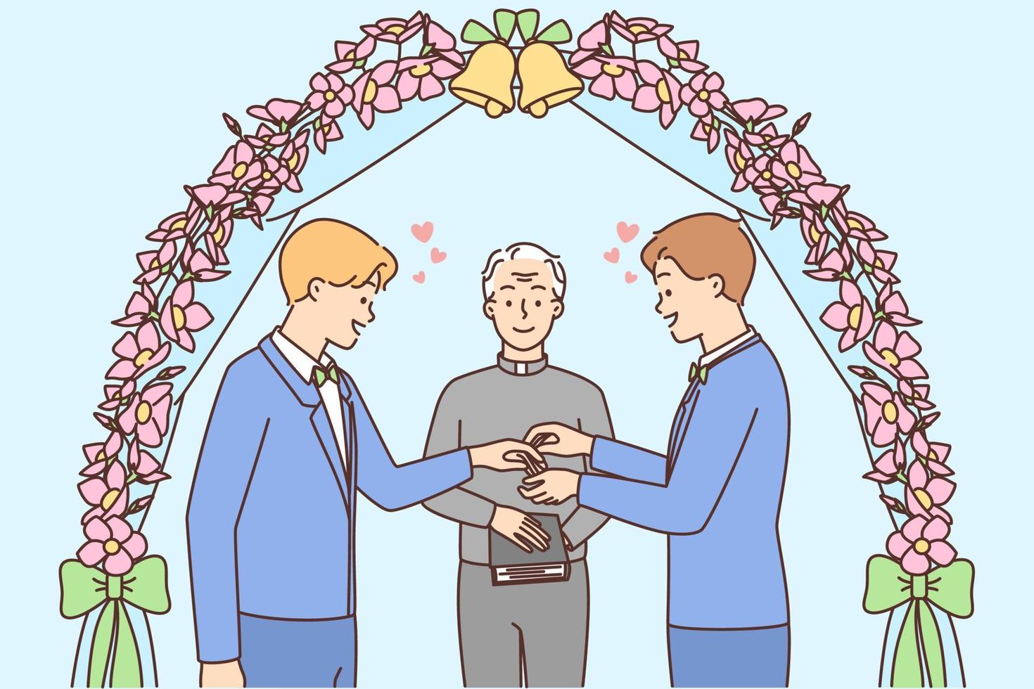 Smiling male couple stand near wedding arch exchange rings. Happy gay men at marriage ceremony. Homosexual relationships concept. Vector illustration.