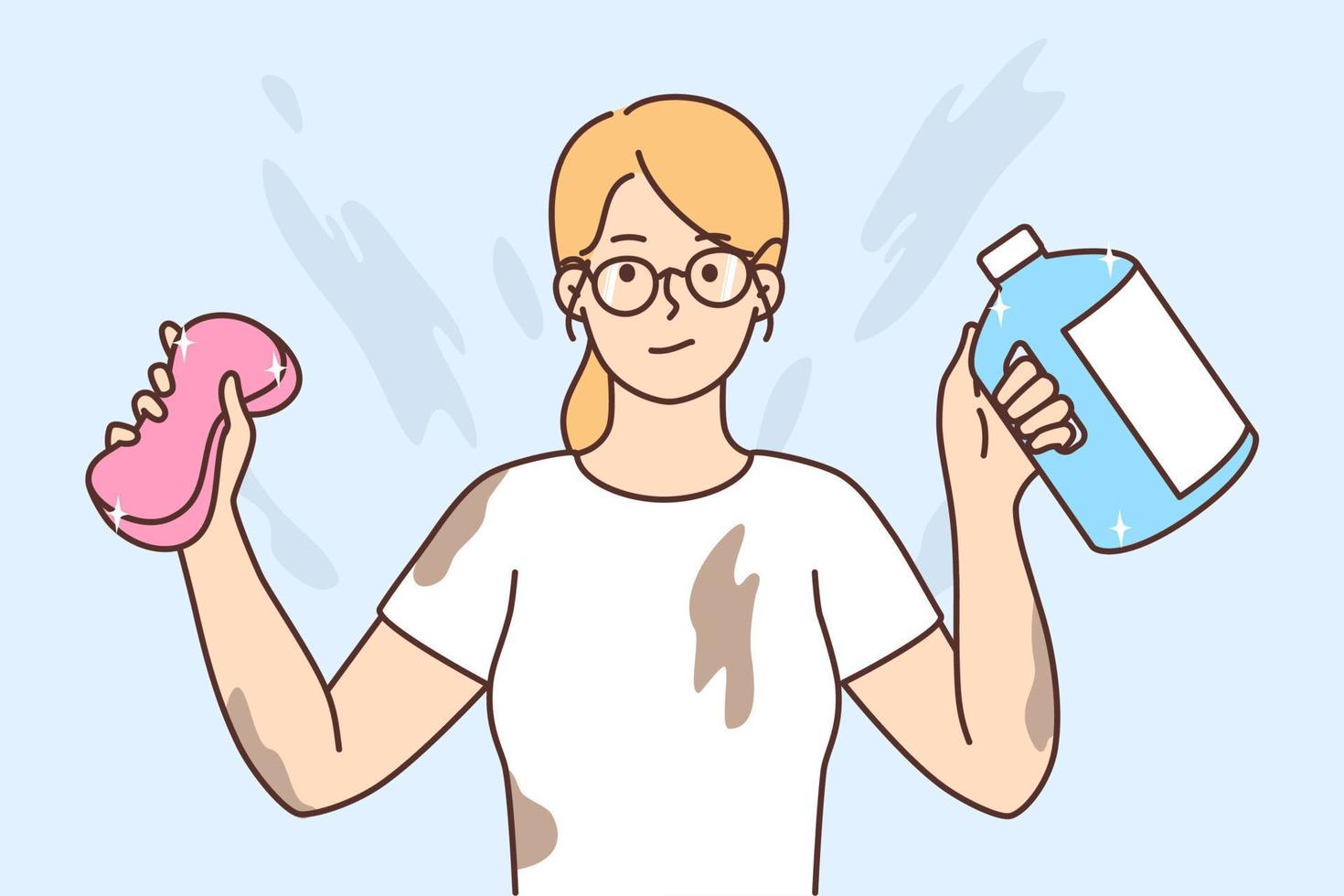 joven mujer en lentes participación limpieza botellas en manos cubierto en manchas y marcas después casa limpio. niña con detergentes en manos sucio después limpieza interna. vector ilustración.