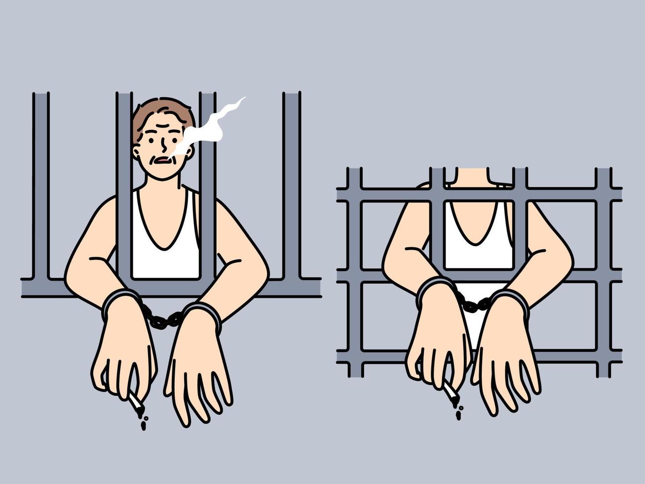 hombre en esposas detrás barras de fumar cigarrillo. masculino prisionero en cárcel fumar. prisión y convicción. vector ilustración.