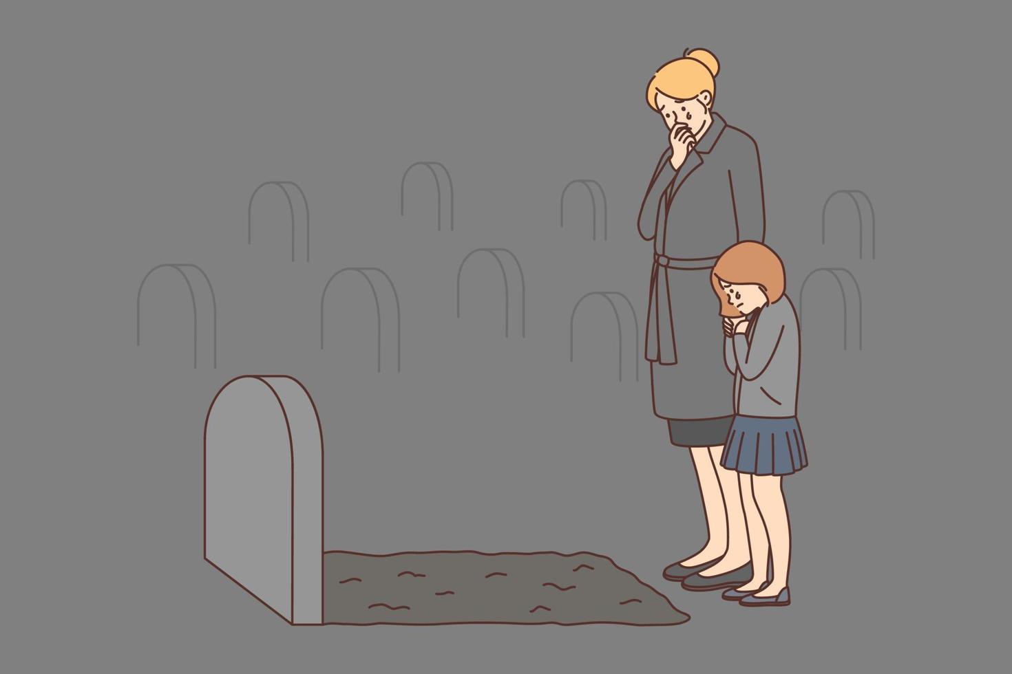 Depressed young mother and daughter crying at tombstone of deceased husband and father. Desperate woman and child mourn passed away dad at cemetery. Vector illustration.