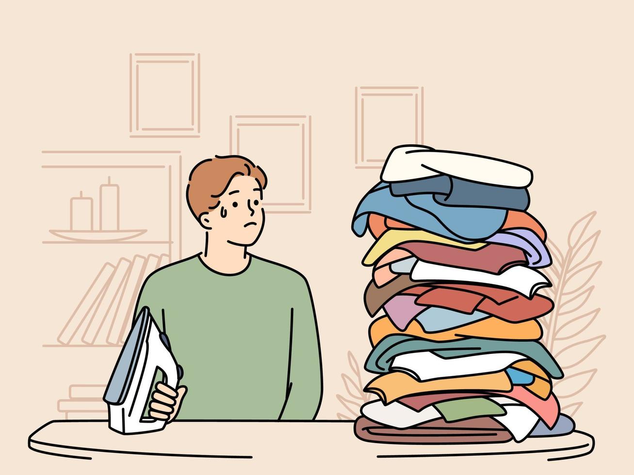 Stressed young man look at clothes pile for ironing. Unhappy guy distressed with stack of laundry to be ironed. Household chores. Vector illustration.