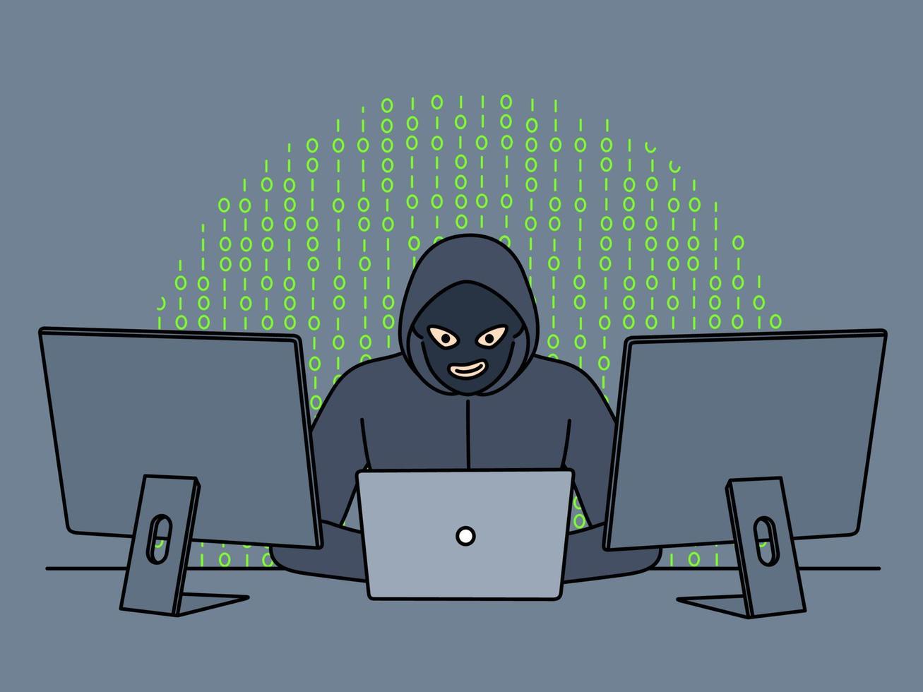 masculino hacker en capucha y máscara sentar a mesa trabajo en ordenadores robar personal información. anónimo delincuente cortar a tajos programas y sitios web en ordenador personal. vector ilustración.