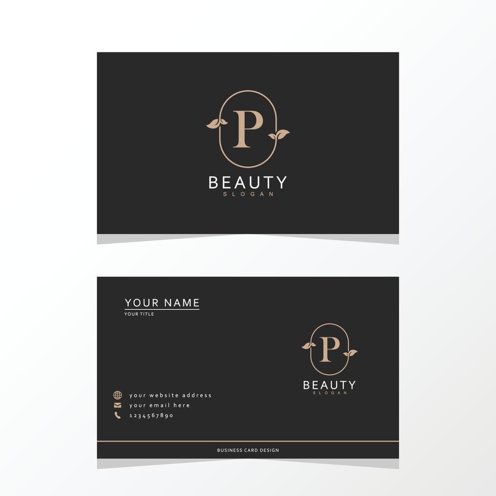 Luxurious and elegant minimalist P logo design with business card. initial logo for signature, wedding, fashion, floral and botanical logo. vector