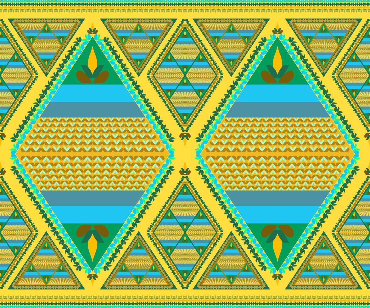 Ethnic folk geometric seamless pattern in green and yellow tone in vector illustration design for fabric, mat, carpet, scarf, wrapping paper, tile and more