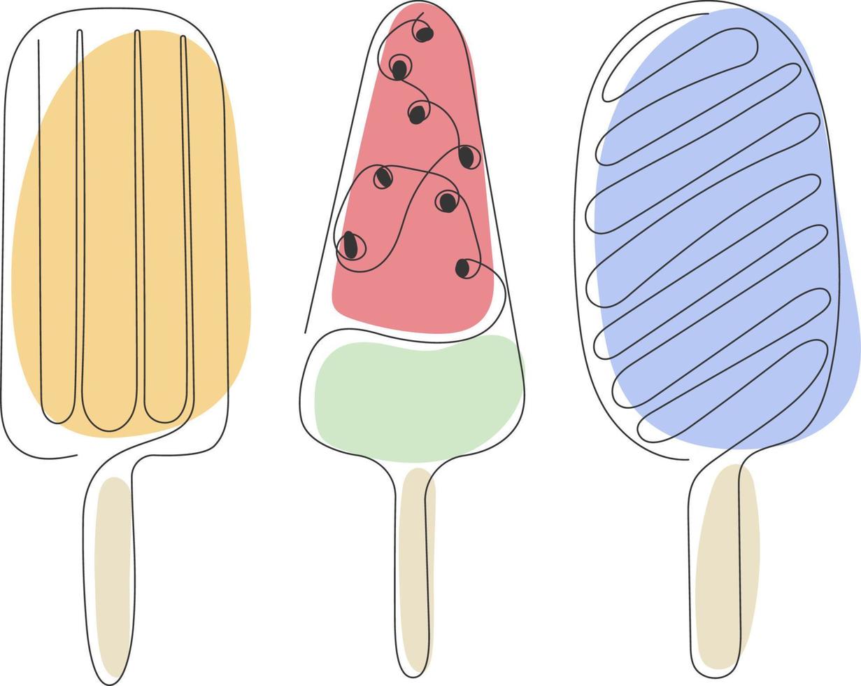 Set of three one continuous  line drawing of ice creams vector