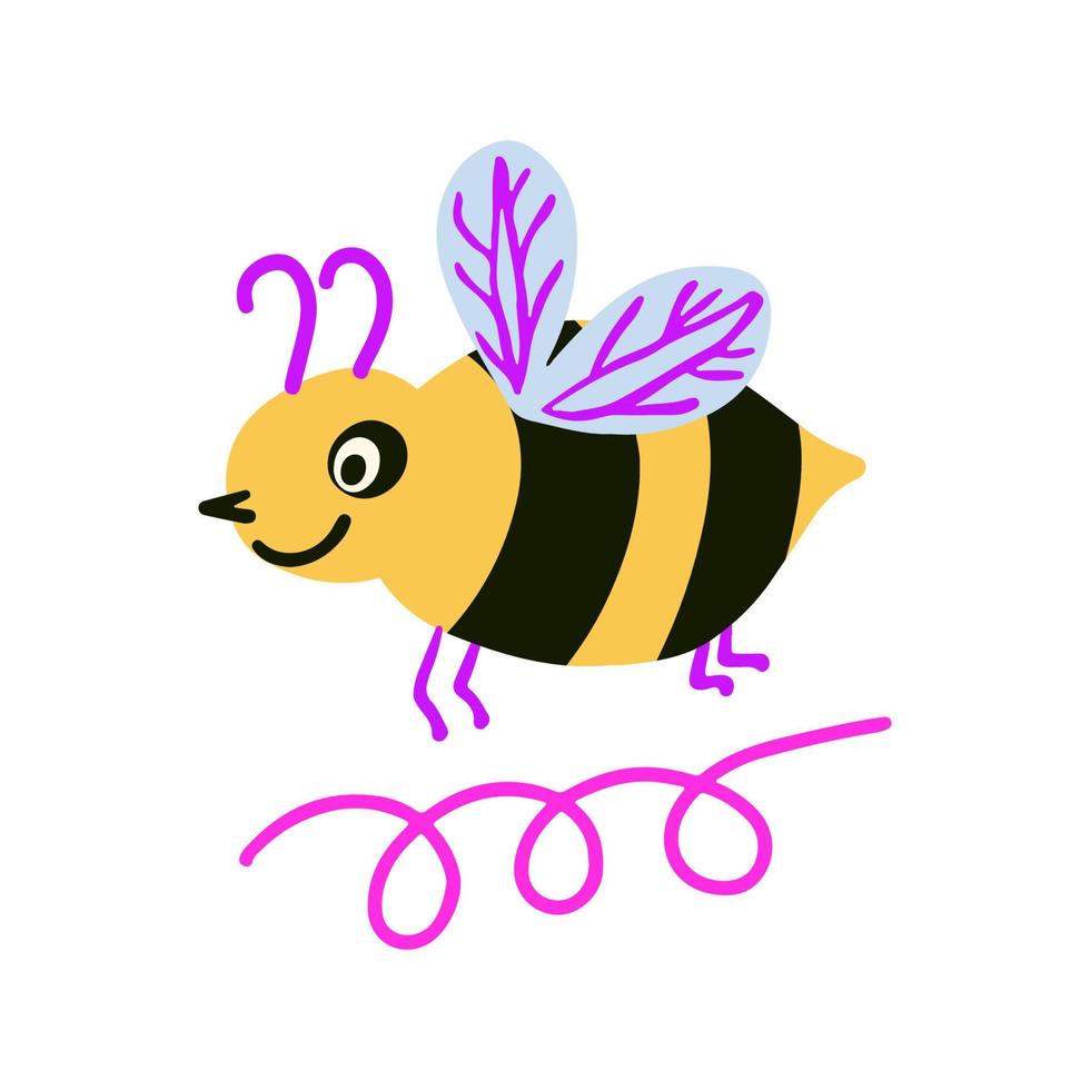 Cute cartoon flying bee character side view. Vector illustration.