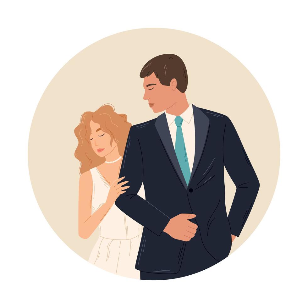Young couple in love, standing bride and groom. Wedding ceremony of a woman in a dress and a man in a suit. Vector isolated flat illustration.