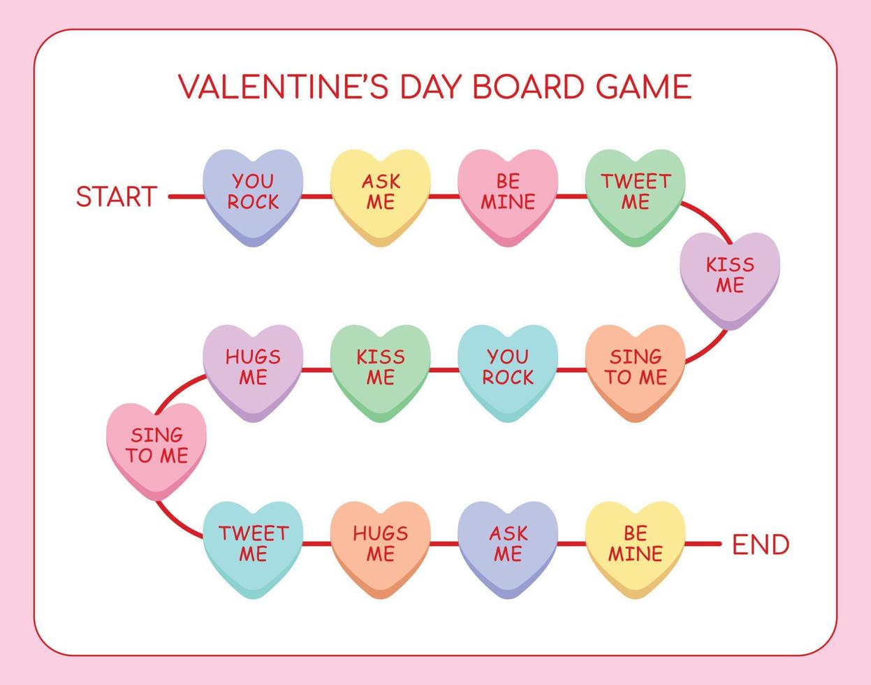 Colorful board game template for valentine day. Hand drawn heart candy on white background vector