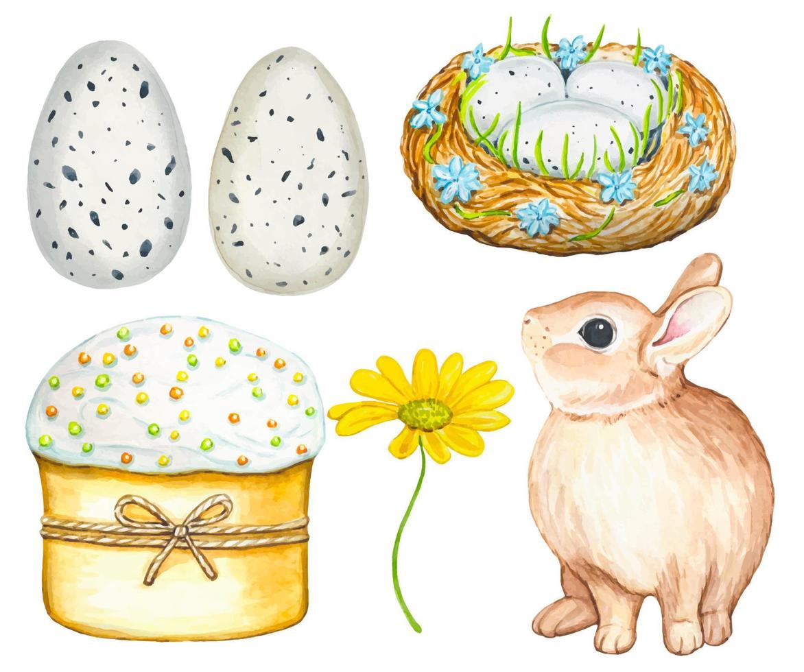 Set of watercolor illustrations for Easter with a rabbit, Easter cake, eggs vector