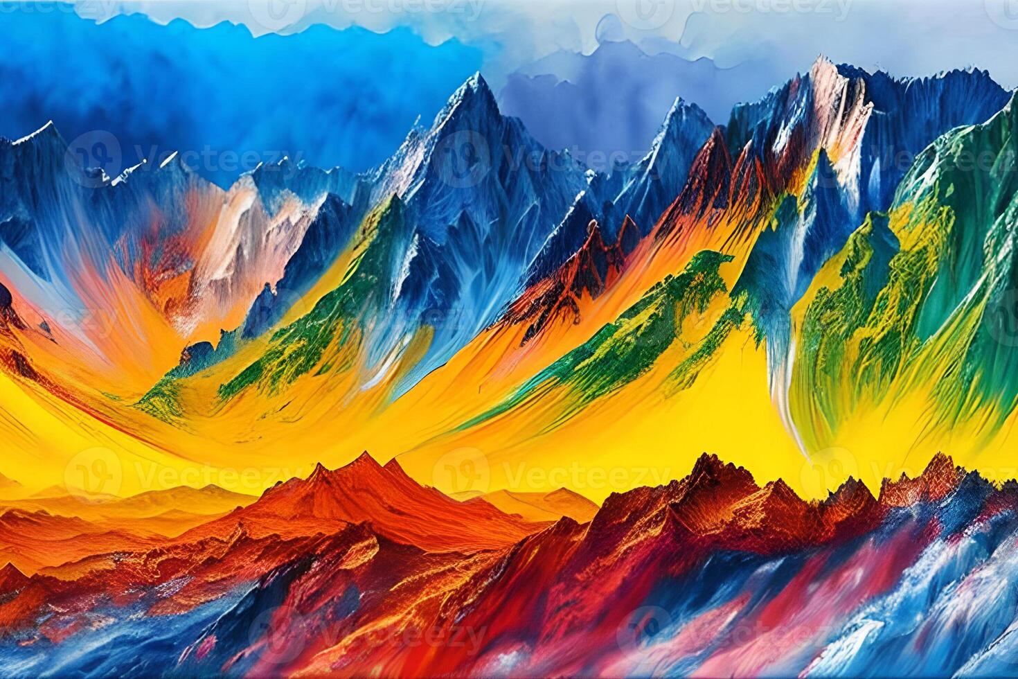 Water color or oil painting fine art illustration of abstract colorful panoramic mountain and