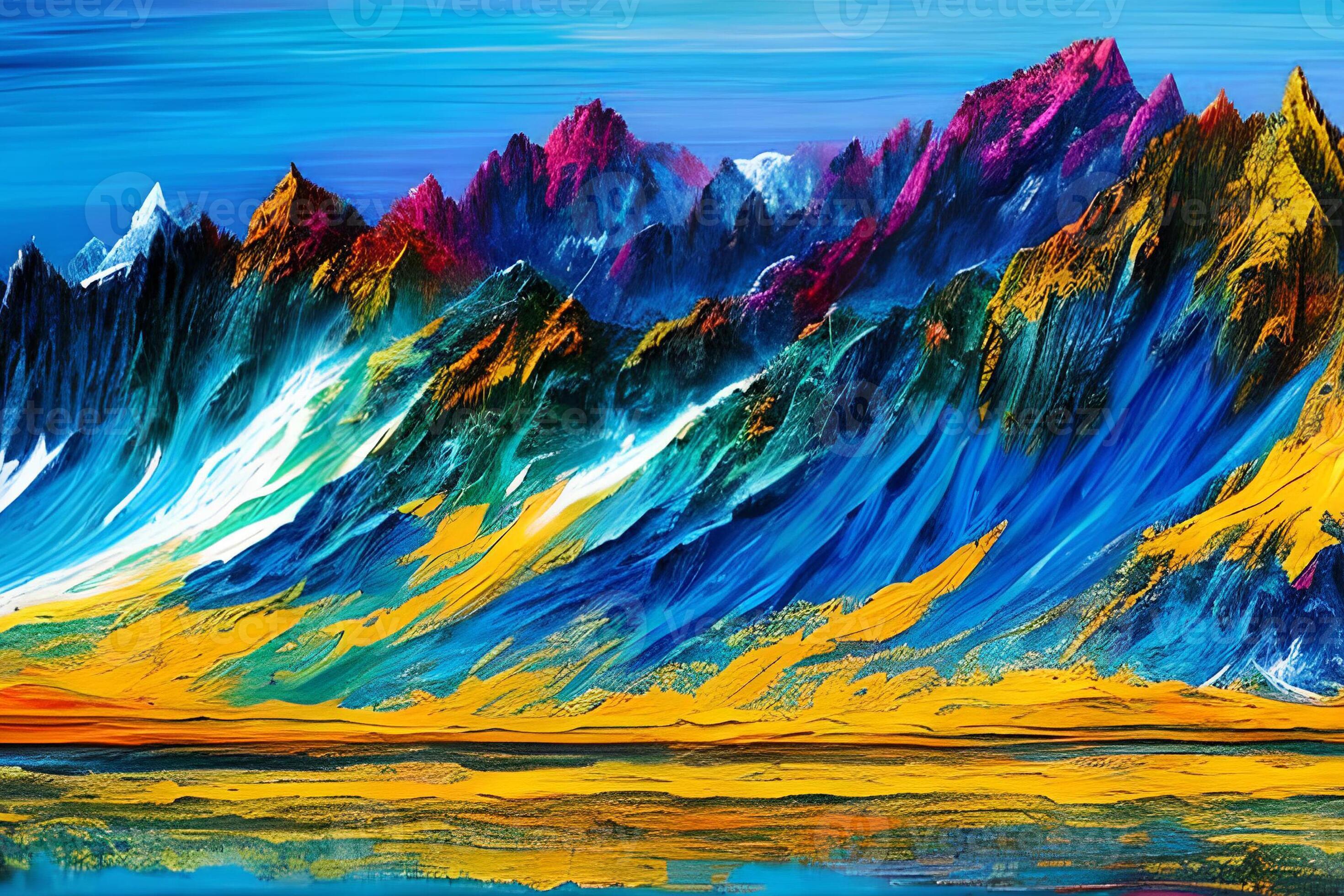Water color or oil painting fine art illustration of abstract colorful panoramic mountain and