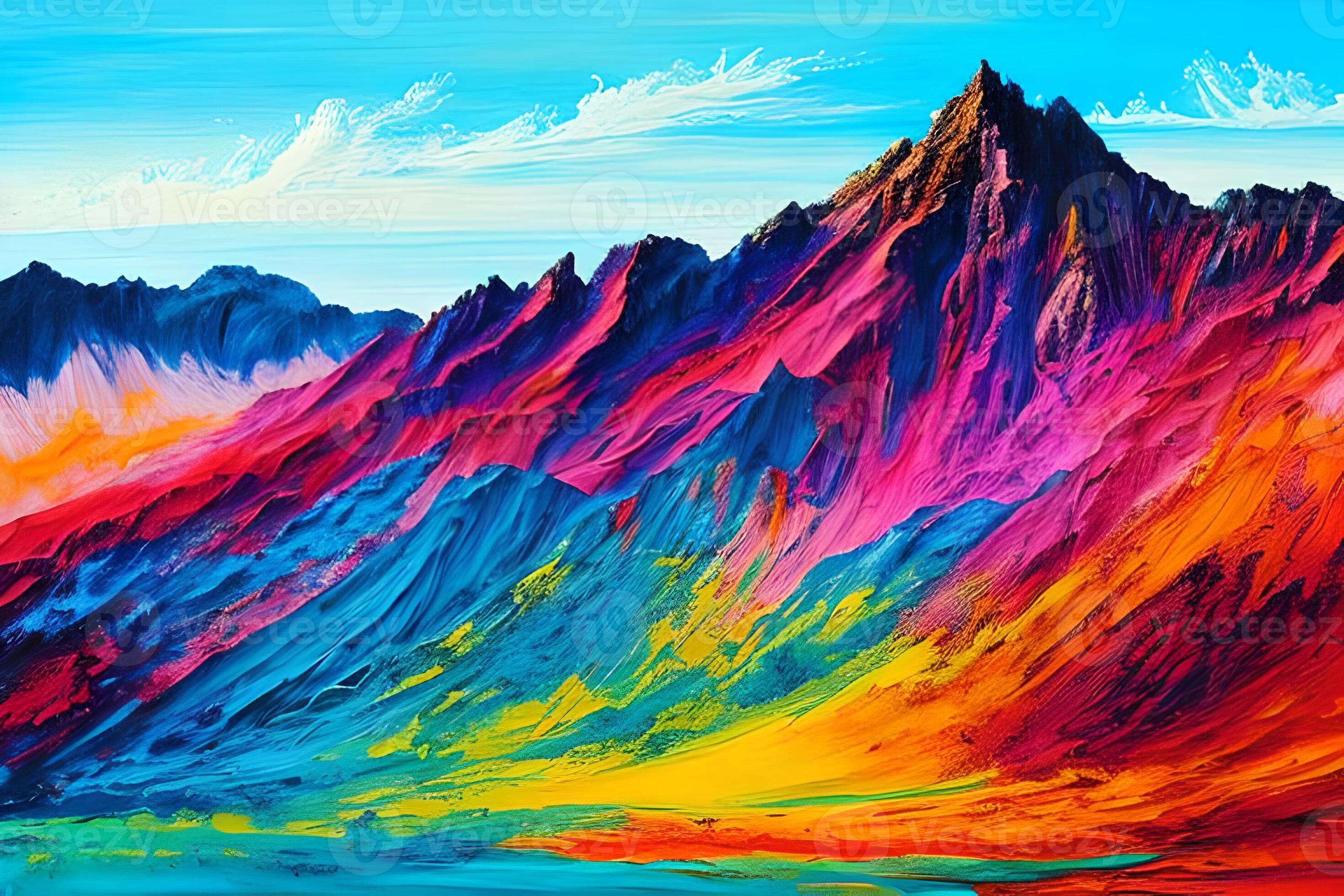 Water color or oil painting fine art illustration of abstract colorful panoramic mountain and