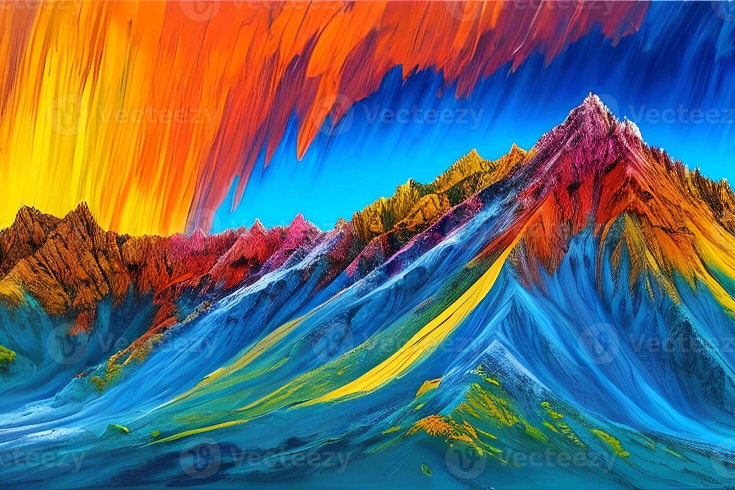Water color or oil painting fine art illustration of abstract colorful panoramic mountain and