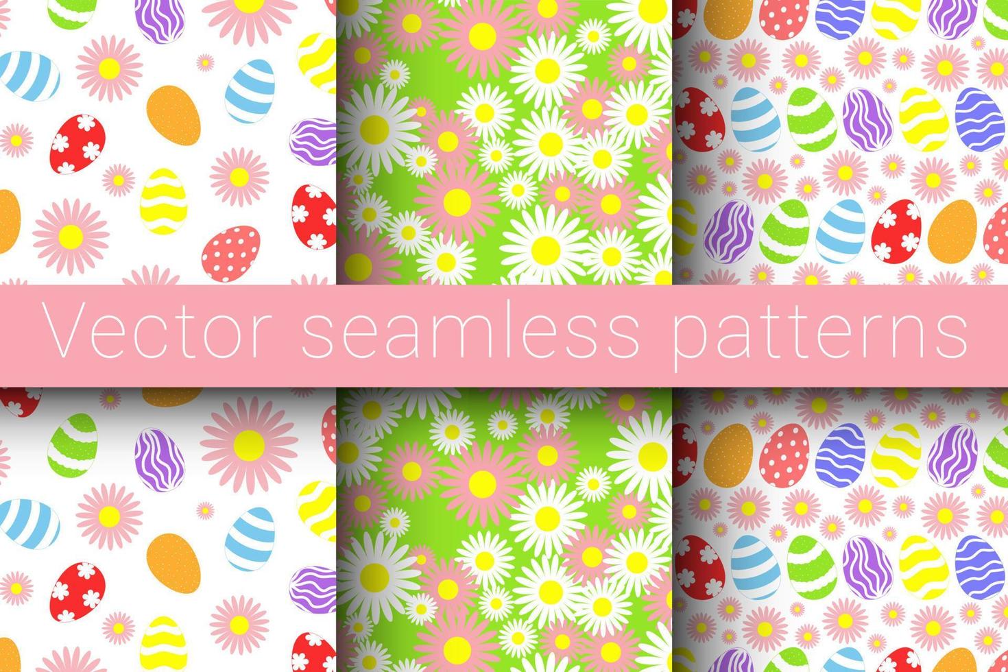 Vector illustration. Collection of vector seamless patterns for happy easter day. Easter eggs and floral patterns.