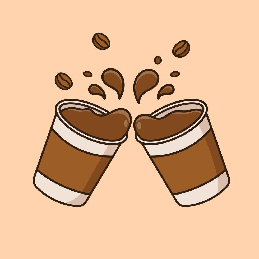 Cute paper cup filled with coffee and beans cartoon icon vector illustration. Coffee drink icon concept. Vector flat outline icon