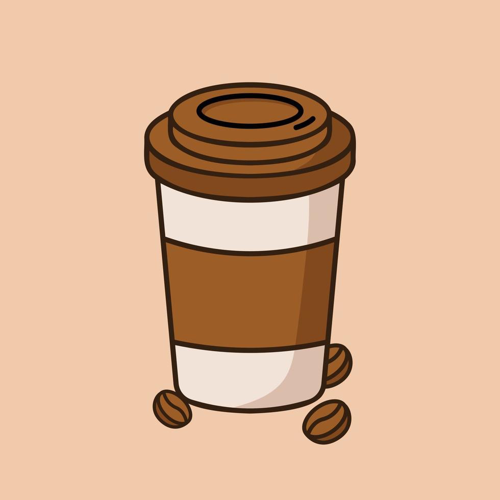 Cute paper coffee cup with coffee beans cartoon icon vector illustration. Coffee drink icon concept. Vector flat outline icon