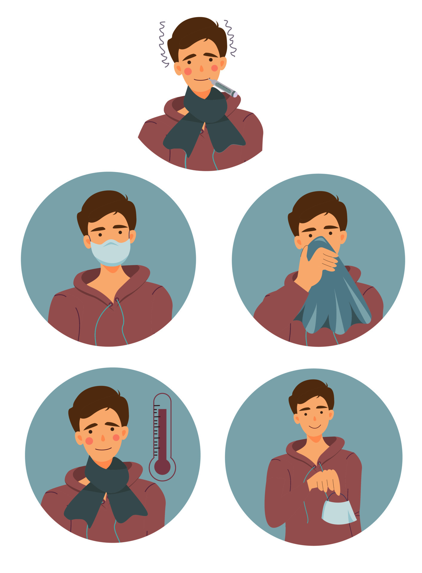 Set of Man with different diseases symptoms. Coronavirus symptoms