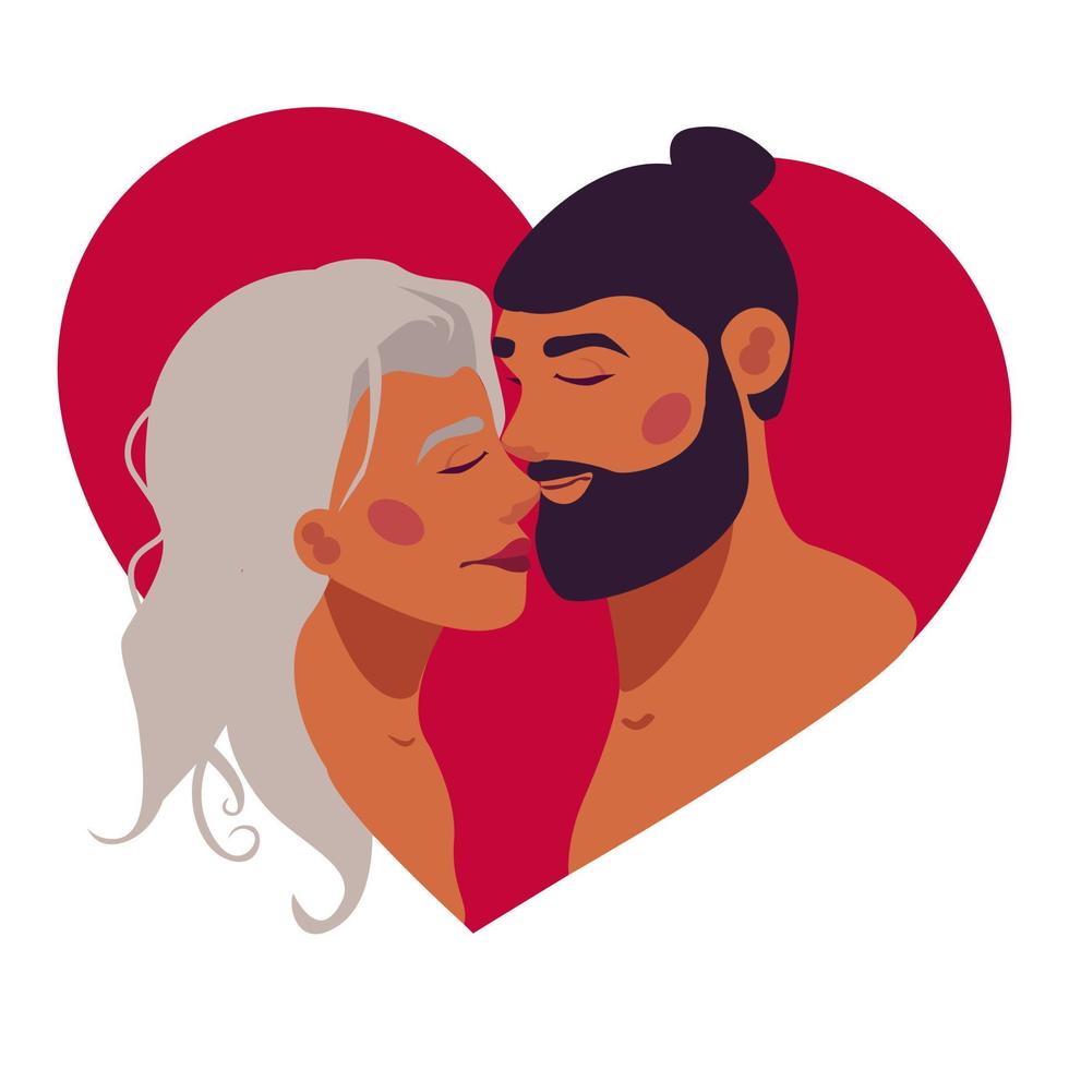 Vector romantic valentine's day card with lovers man and woman. Romantic silhouette of loving couple looking at each other. Valentine's Day concept