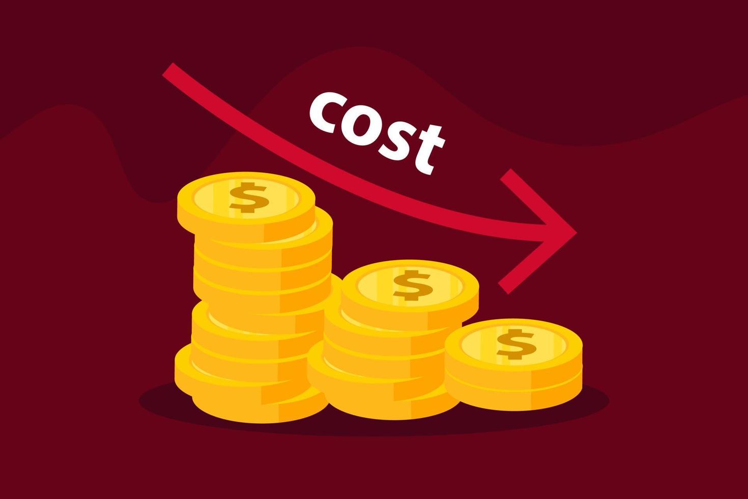 Costs reduction, costs cut, costs optimization business concept. Coin stacks with descending curve or arrow vector illustration