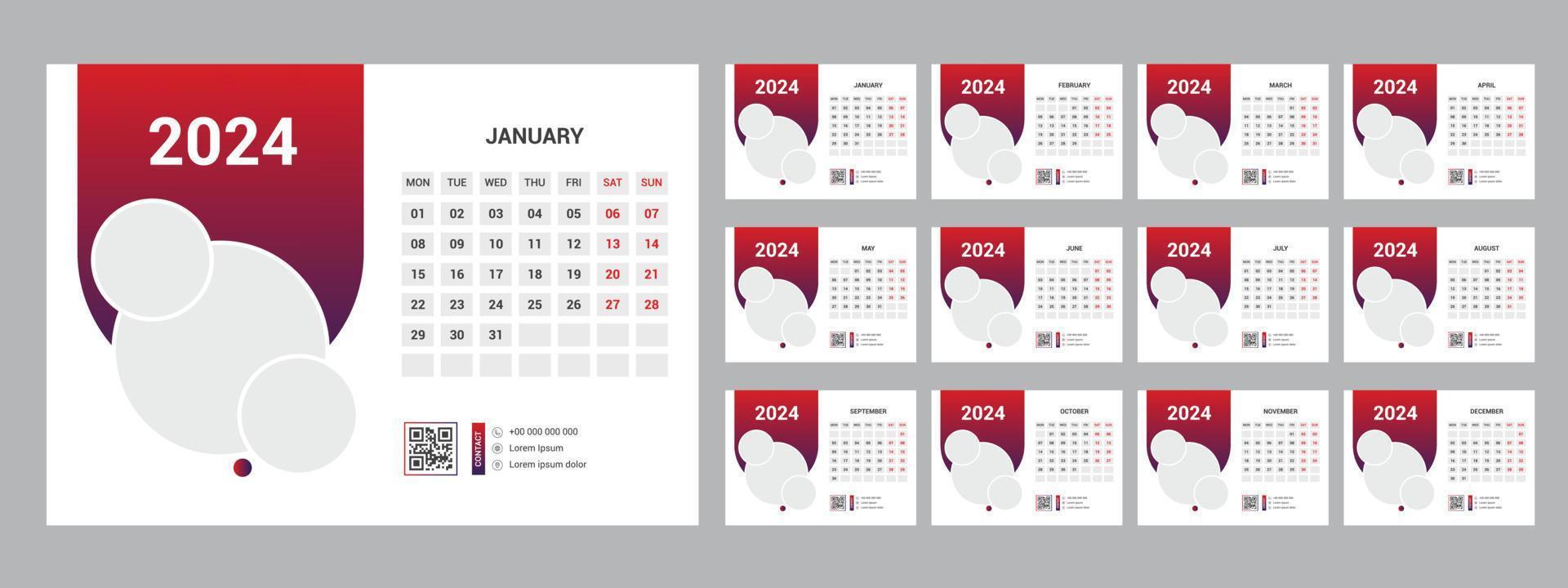 2024 calendar planner set for template corporate design week start on Sunday. vector